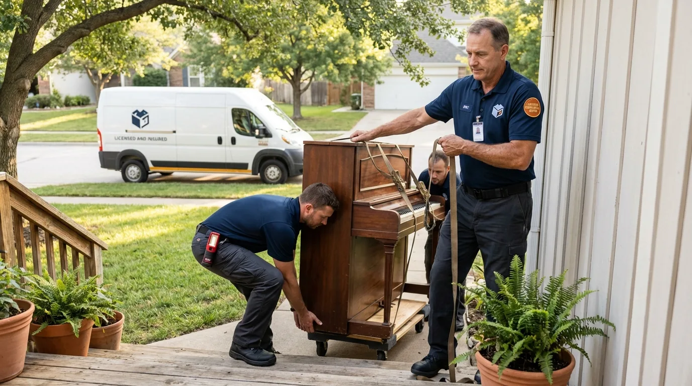 Licensed piano movers securing grand piano in Decorah, IA