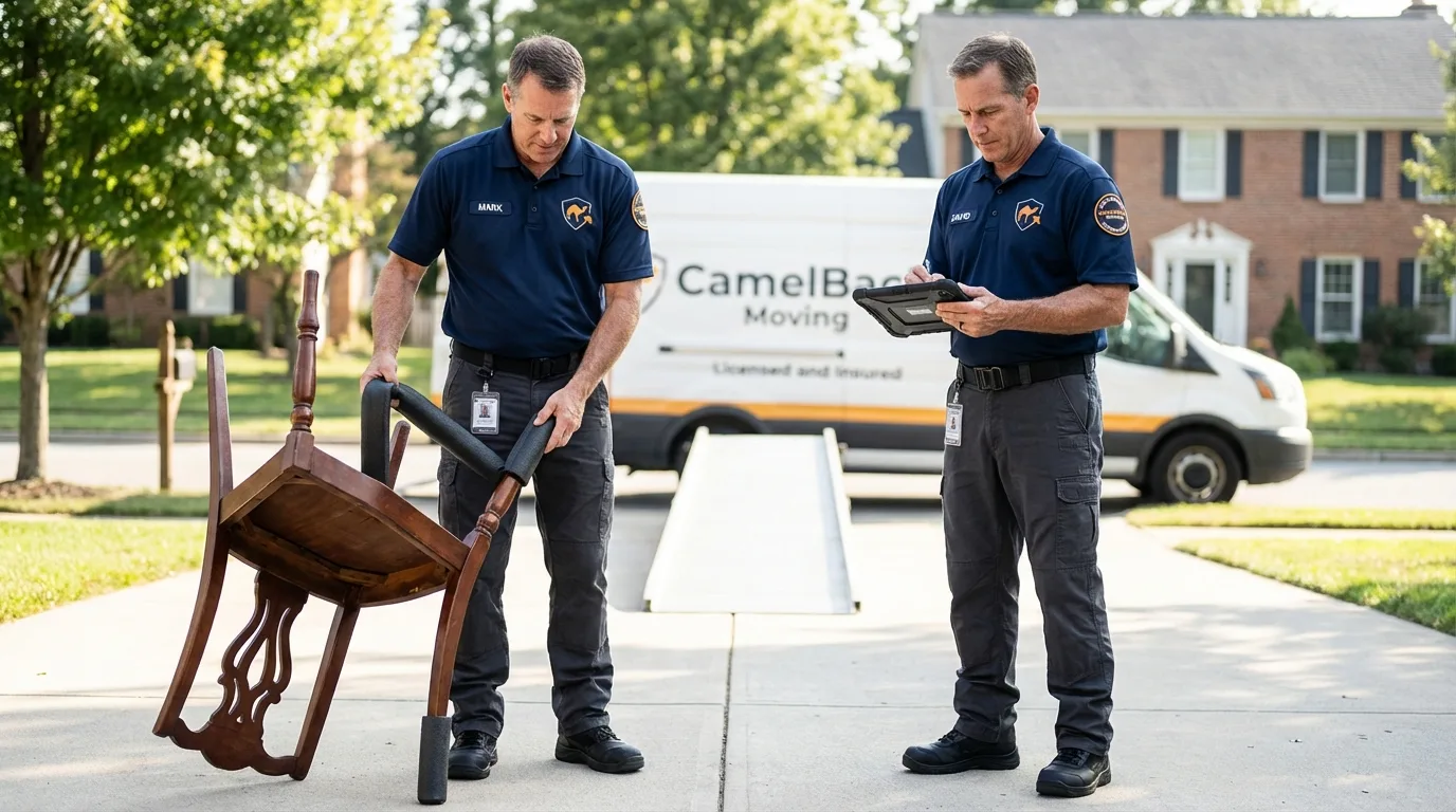 Movers inspecting furniture for damage prevention before loading in Decorah, IA